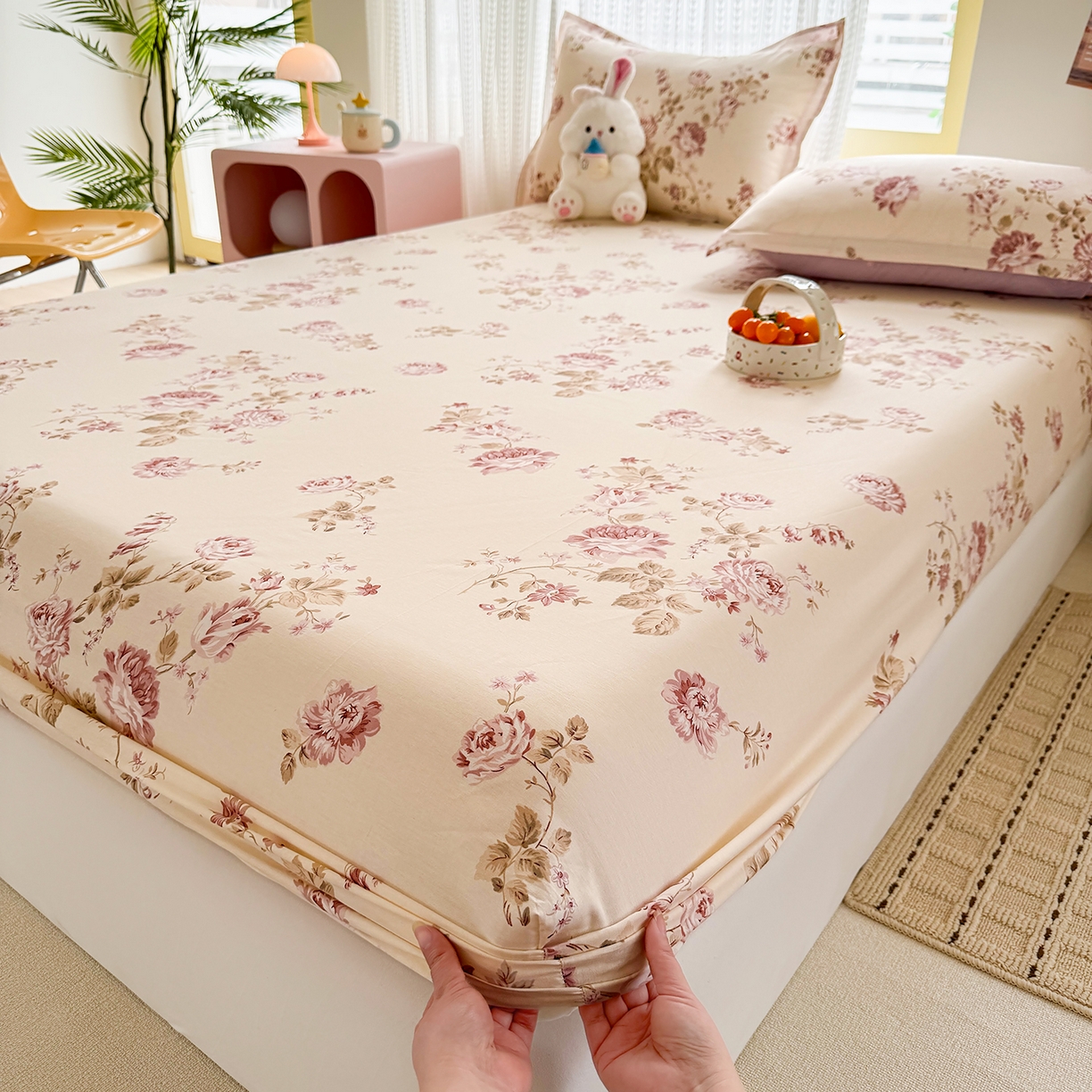 91家纺网 家纺一手货源 找家纺 壹贝家纺 2026新款全棉印花床笠系列 蔷薇