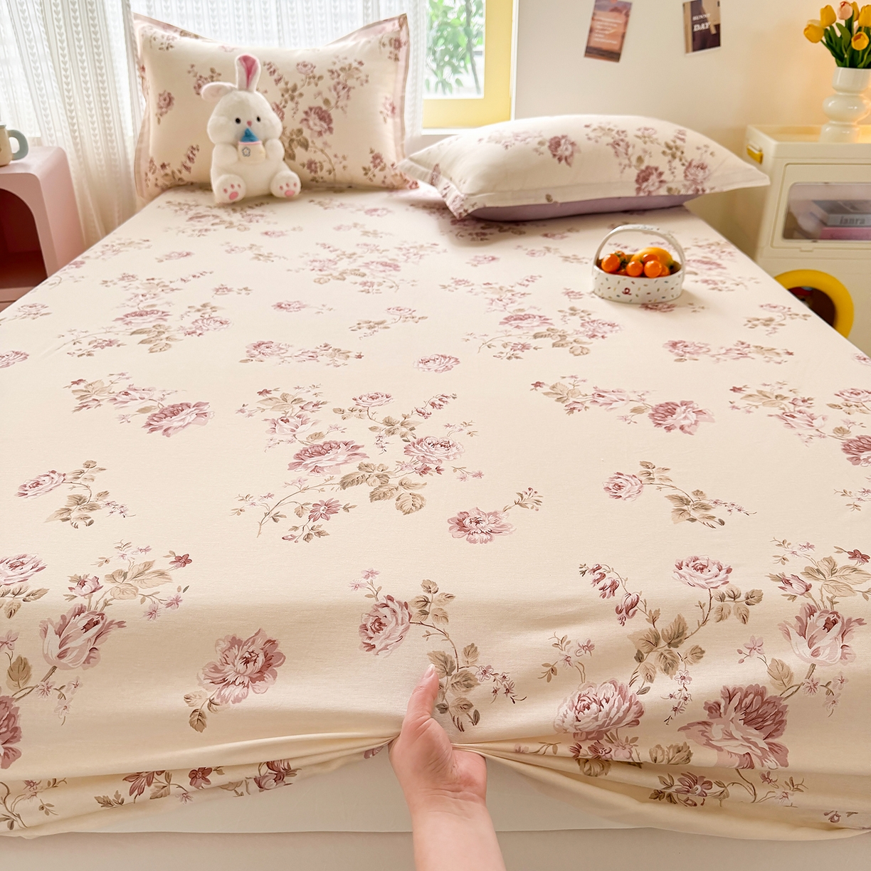 91家纺网 家纺一手货源 找家纺 壹贝家纺 2026新款全棉印花床笠系列 蔷薇