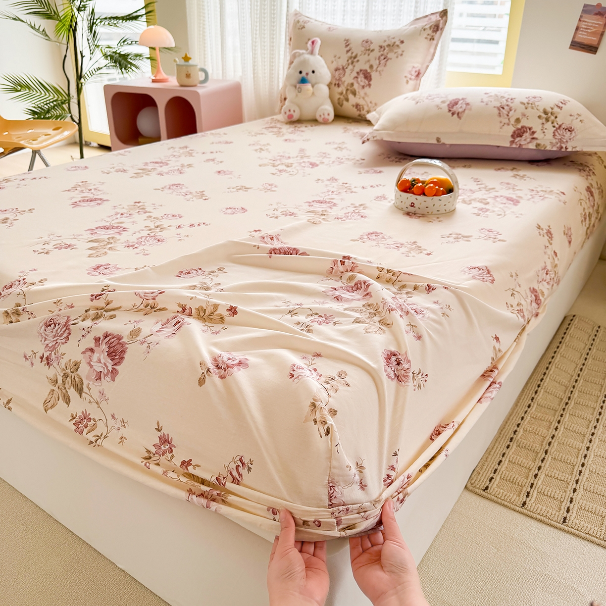 91家纺网 家纺一手货源 找家纺 壹贝家纺 2026新款全棉印花床笠系列 蔷薇