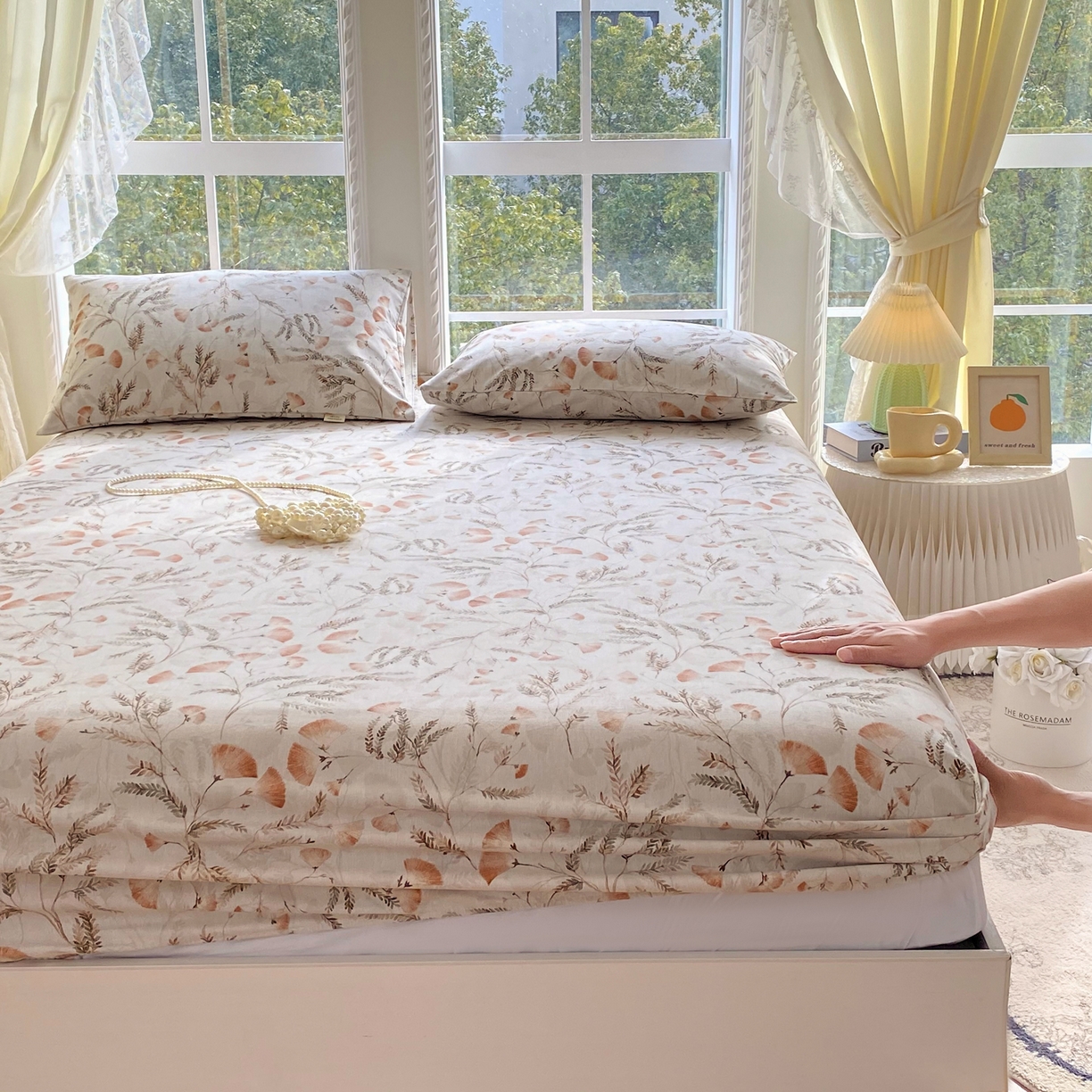 91家纺网 家纺一手货源 找家纺 金鑫汇家纺 2026新款全棉老粗布单品床笠系列 月下花影-桔