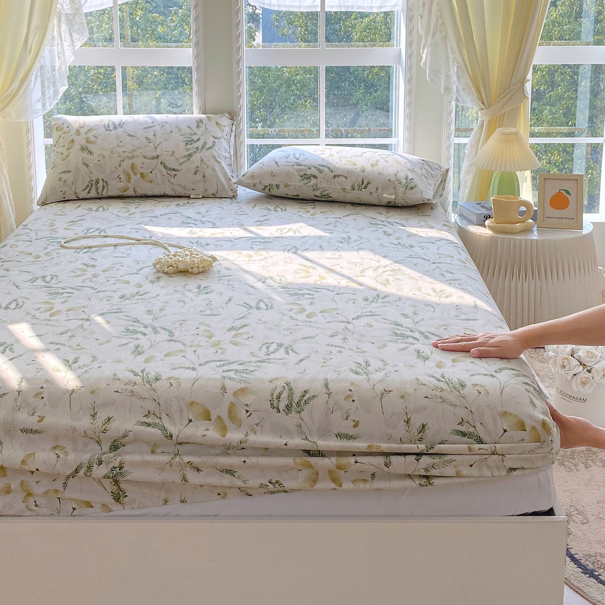 91家纺网 家纺一手货源 找家纺 金鑫汇家纺 2026新款全棉老粗布单品床笠系列 月下花影-绿