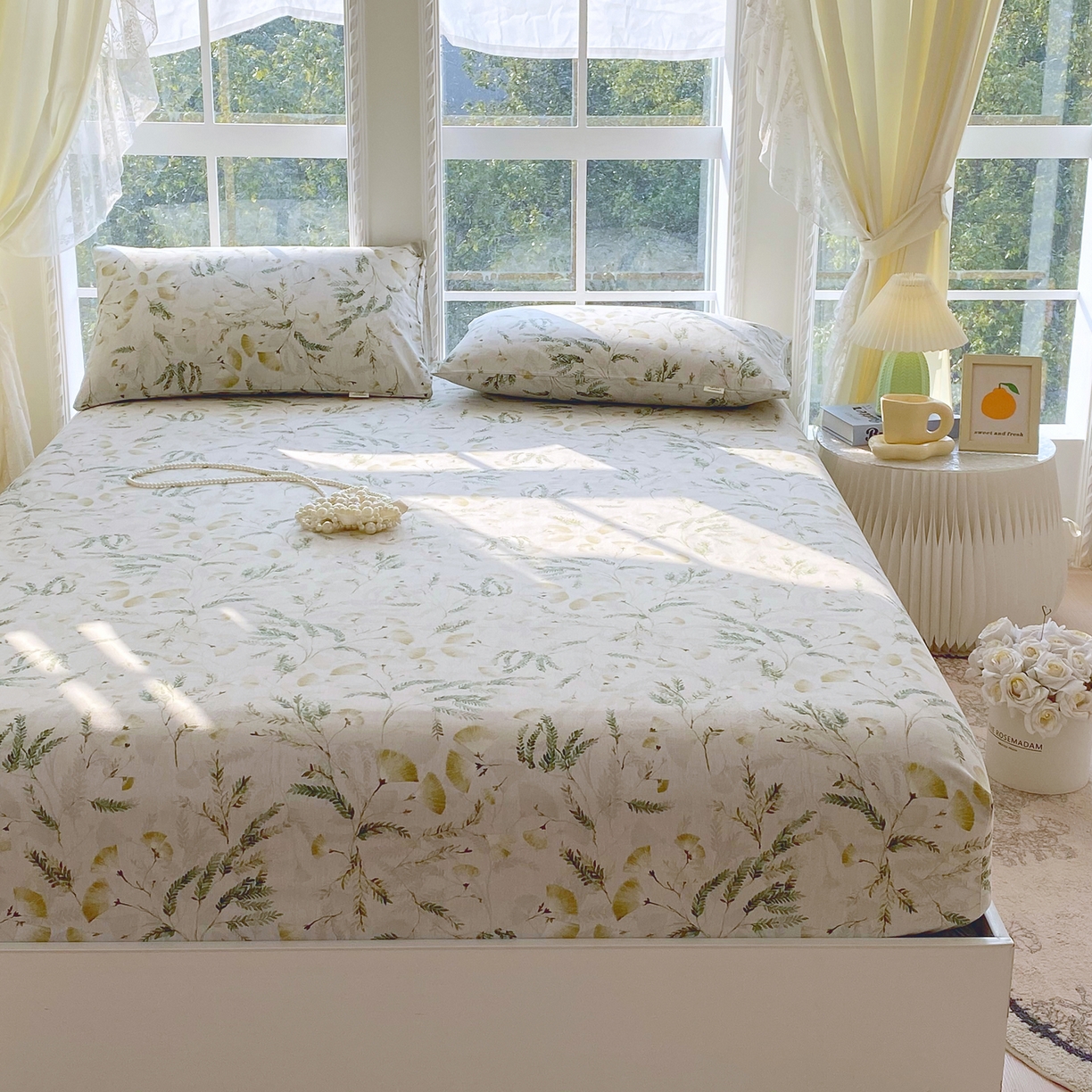 91家纺网 家纺一手货源 找家纺 金鑫汇家纺 2026新款全棉老粗布单品床笠系列 月下花影-绿