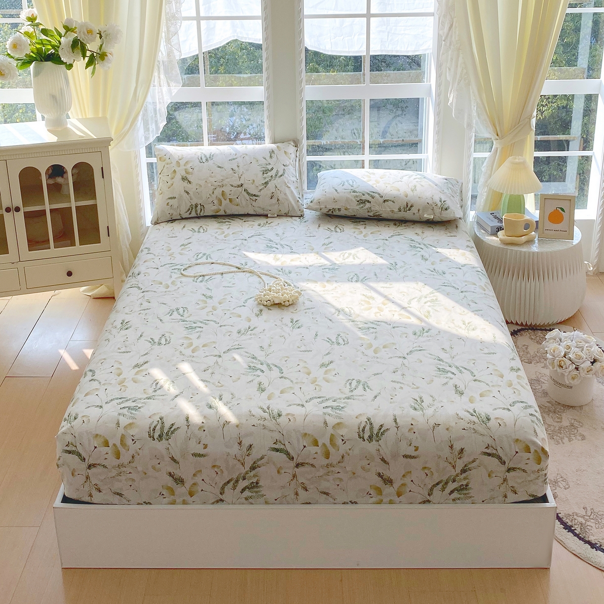 91家纺网 家纺一手货源 找家纺 金鑫汇家纺 2026新款全棉老粗布单品床笠系列 月下花影-绿