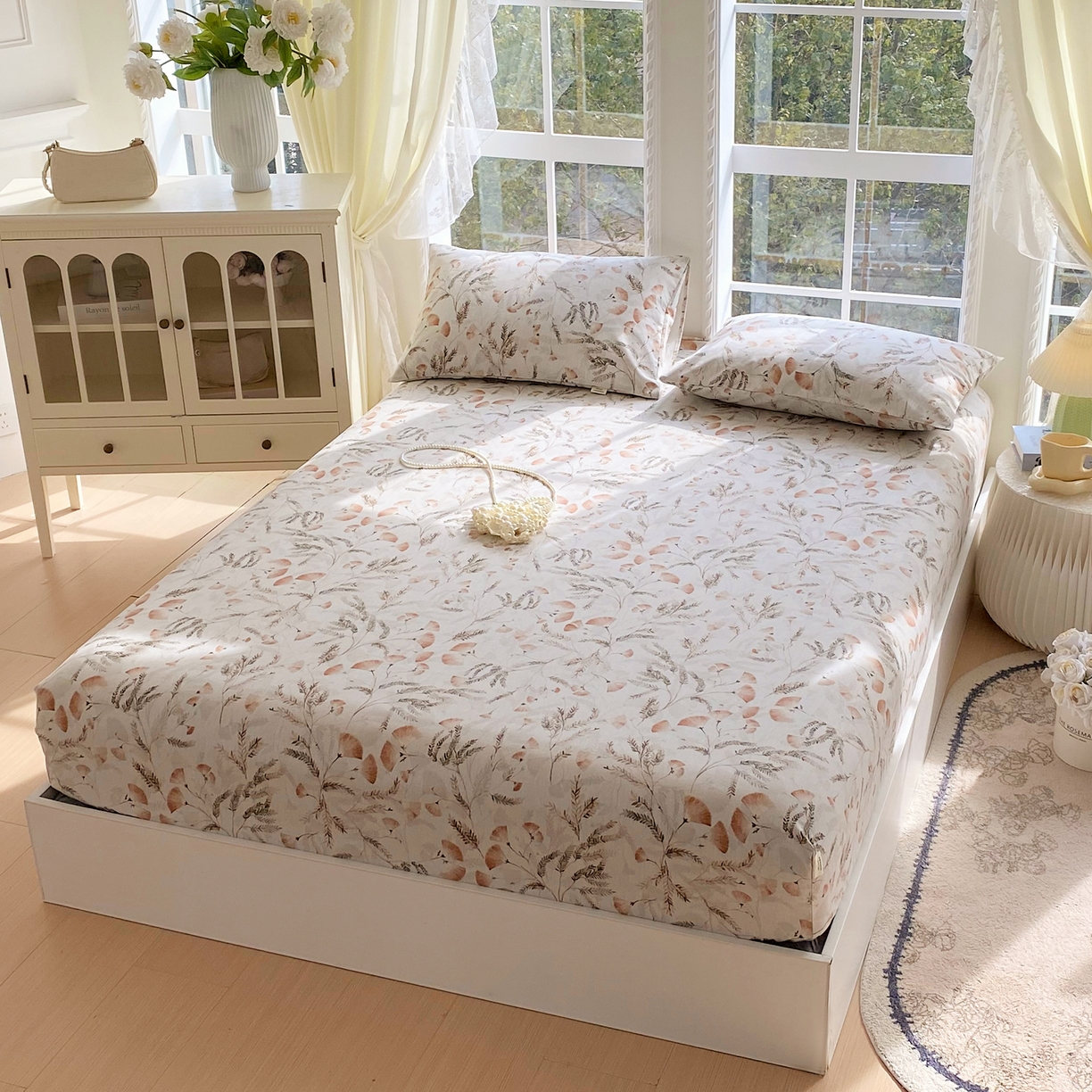 91家纺网 家纺一手货源 找家纺 金鑫汇家纺 2026新款全棉老粗布单品床笠系列 月下花影-桔