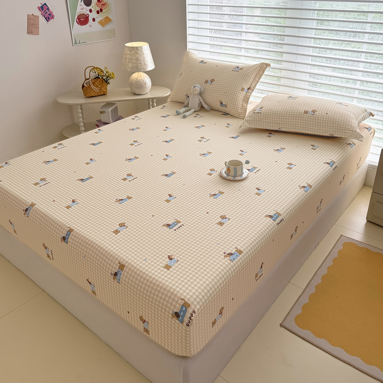 91家纺网 家纺一手货源 找家纺 壹贝家纺 2026新款全棉印花床笠系列 俏皮狗