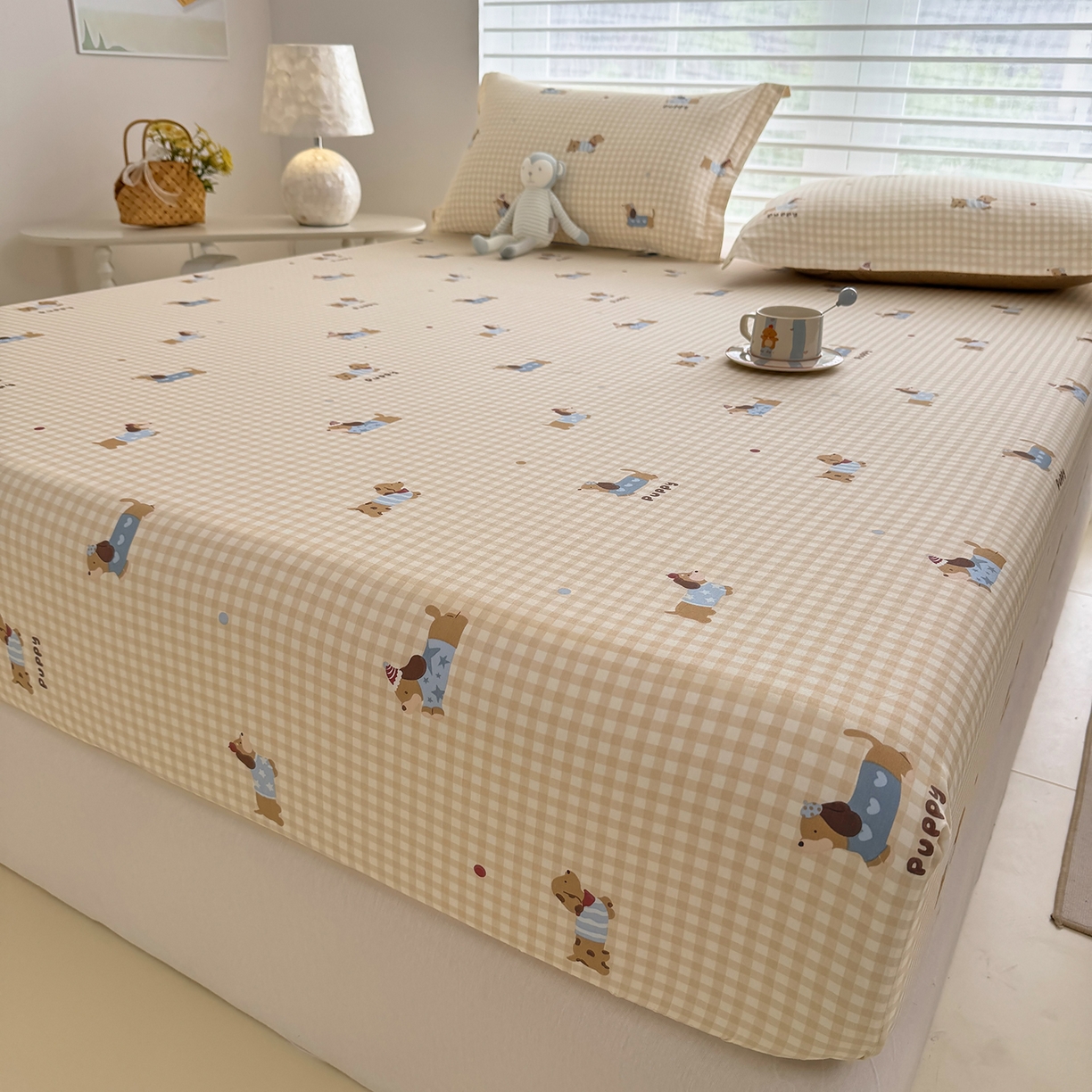 91家纺网 家纺一手货源 找家纺 壹贝家纺 2026新款全棉印花床笠系列 俏皮狗