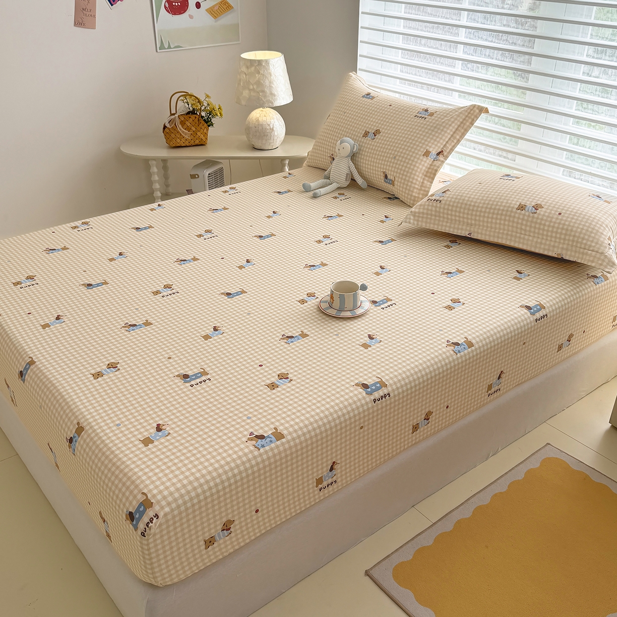 91家纺网 家纺一手货源 找家纺 壹贝家纺 2026新款全棉印花床笠系列 俏皮狗