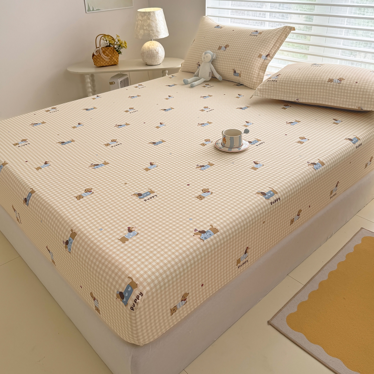 91家纺网 家纺一手货源 找家纺 壹贝家纺 2026新款全棉印花床笠系列 俏皮狗