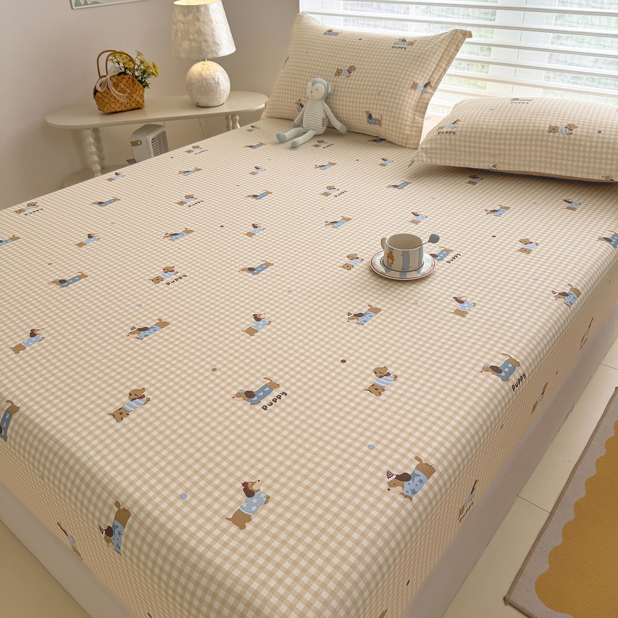 91家纺网 家纺一手货源 找家纺 壹贝家纺 2026新款全棉印花床笠系列 俏皮狗