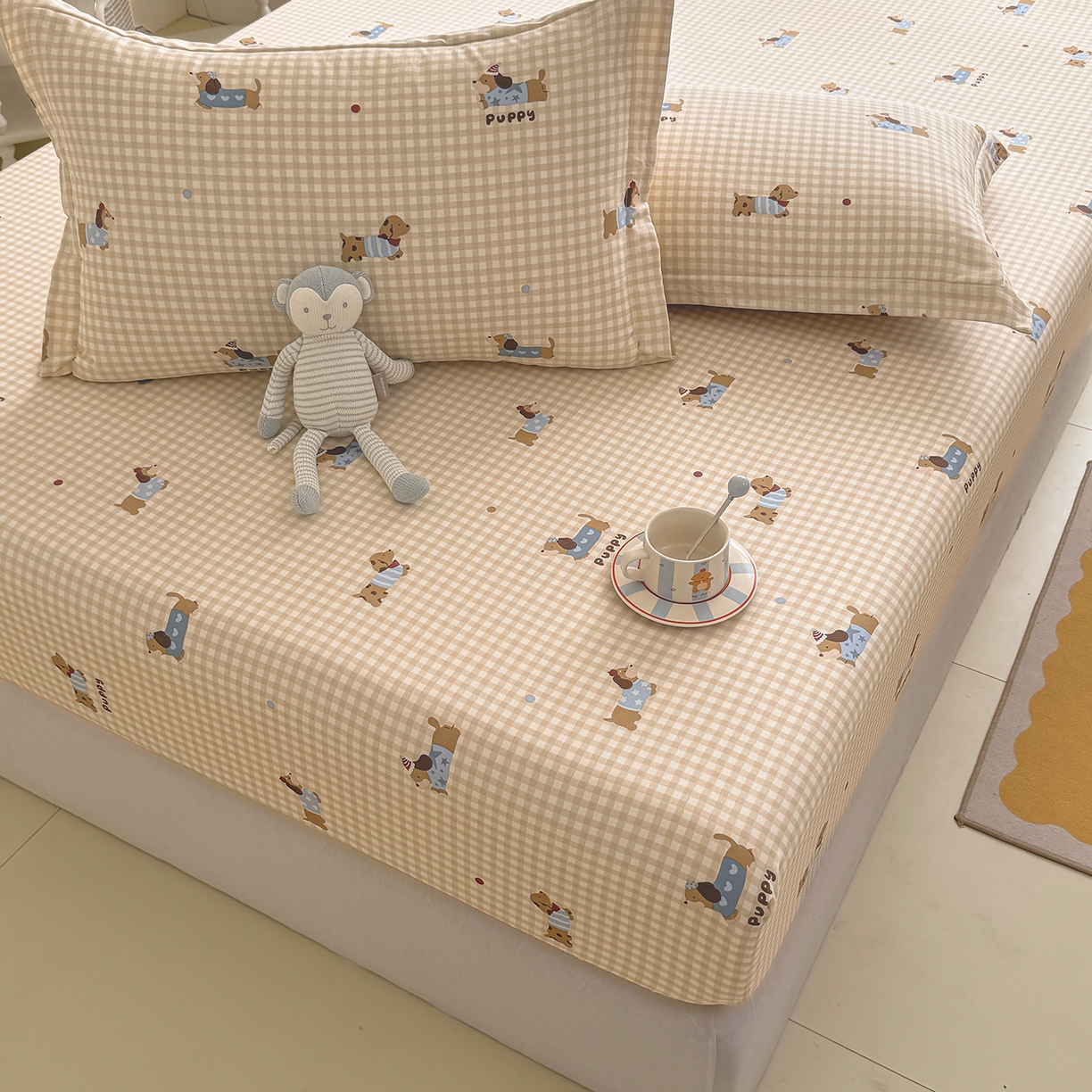 91家纺网 家纺一手货源 找家纺 壹贝家纺 2026新款全棉印花床笠系列 俏皮狗