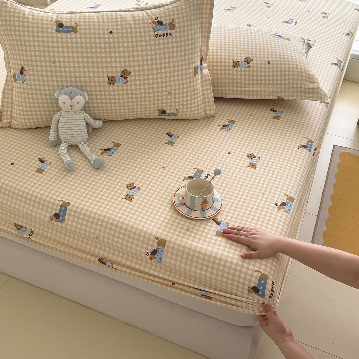 91家纺网 家纺一手货源 找家纺 壹贝家纺 2026新款全棉印花床笠系列 俏皮狗