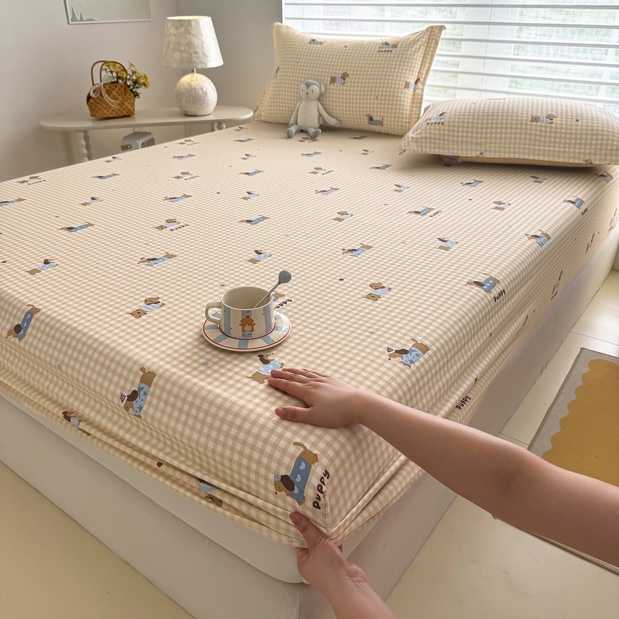 91家纺网 家纺一手货源 找家纺 壹贝家纺 2026新款全棉印花床笠系列 俏皮狗