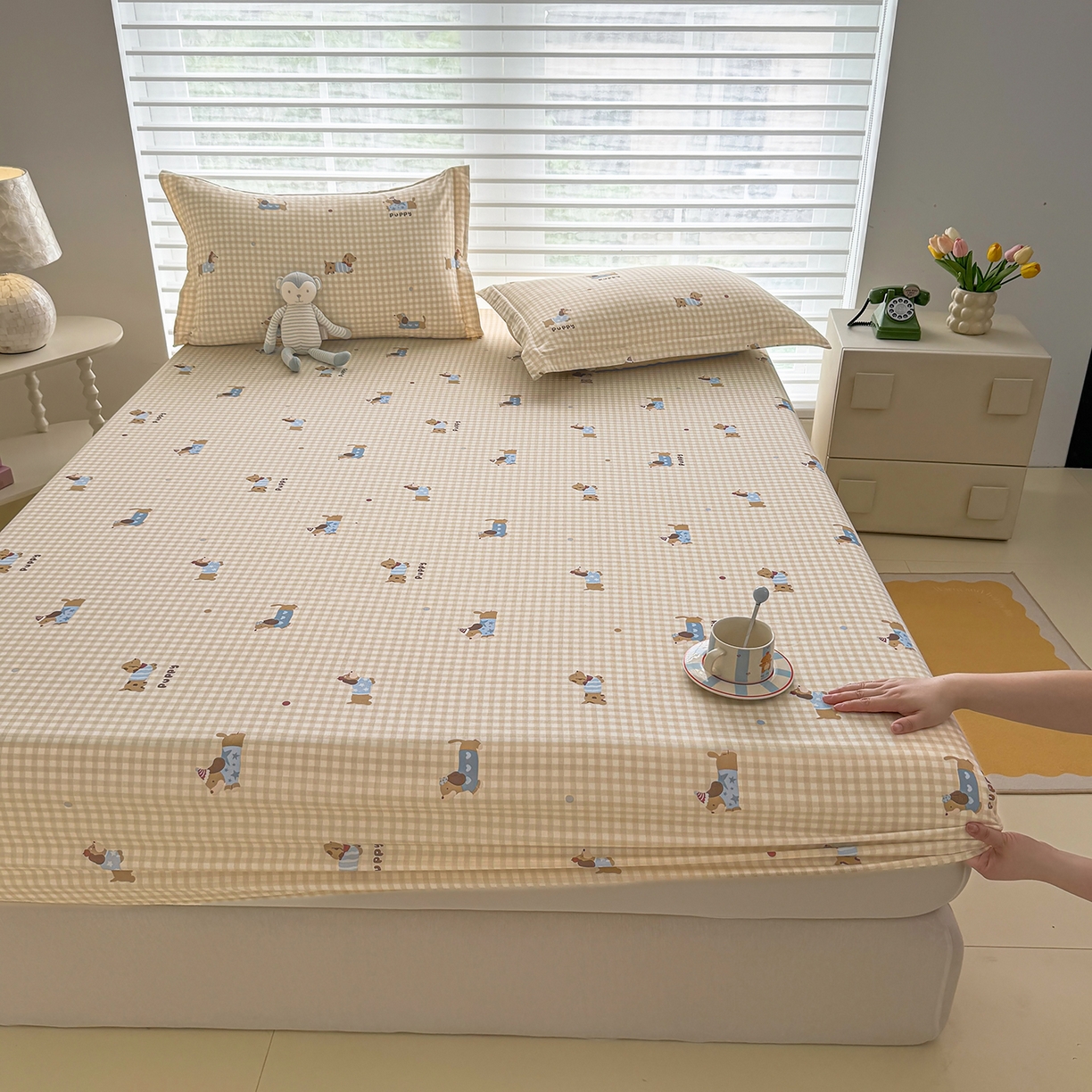 91家纺网 家纺一手货源 找家纺 壹贝家纺 2026新款全棉印花床笠系列 俏皮狗