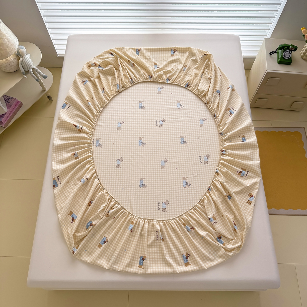 91家纺网 家纺一手货源 找家纺 壹贝家纺 2026新款全棉印花床笠系列 俏皮狗