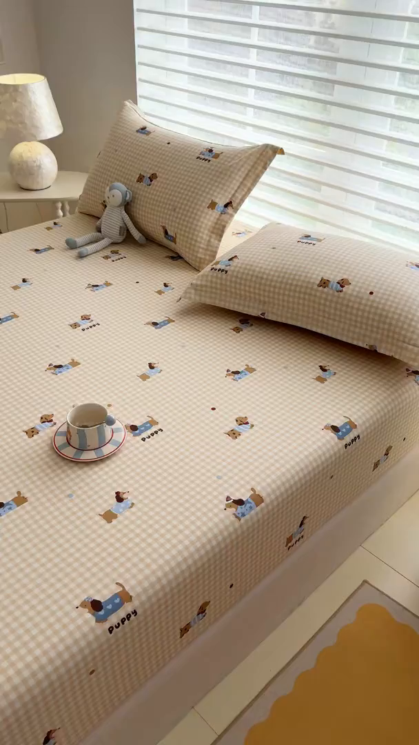 91家纺网 家纺一手货源 找家纺 壹贝家纺 2026新款全棉印花床笠系列 俏皮狗