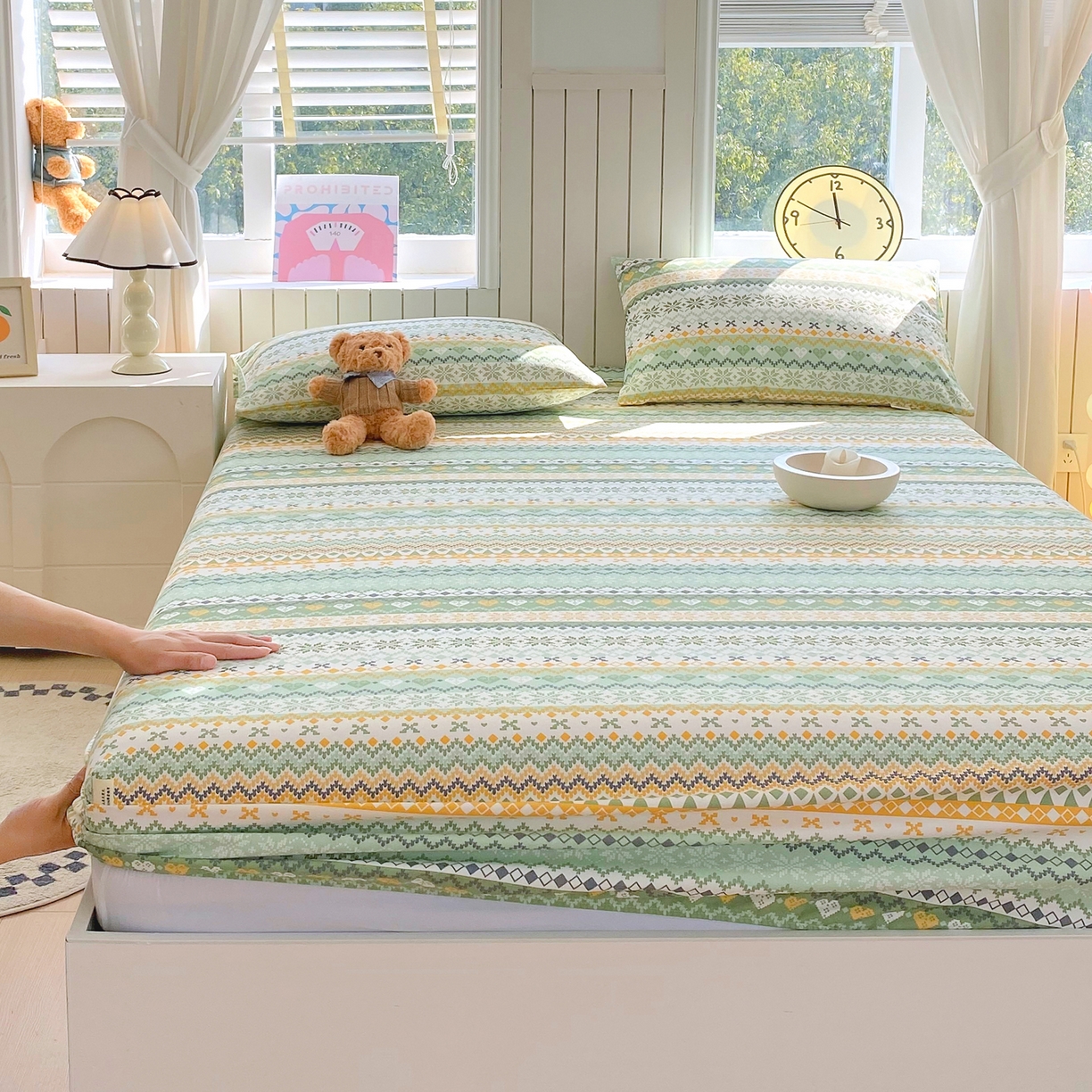 91家纺网 家纺一手货源 找家纺 金鑫汇家纺 2026新款全棉老粗布单品床笠系列 星辰-绿