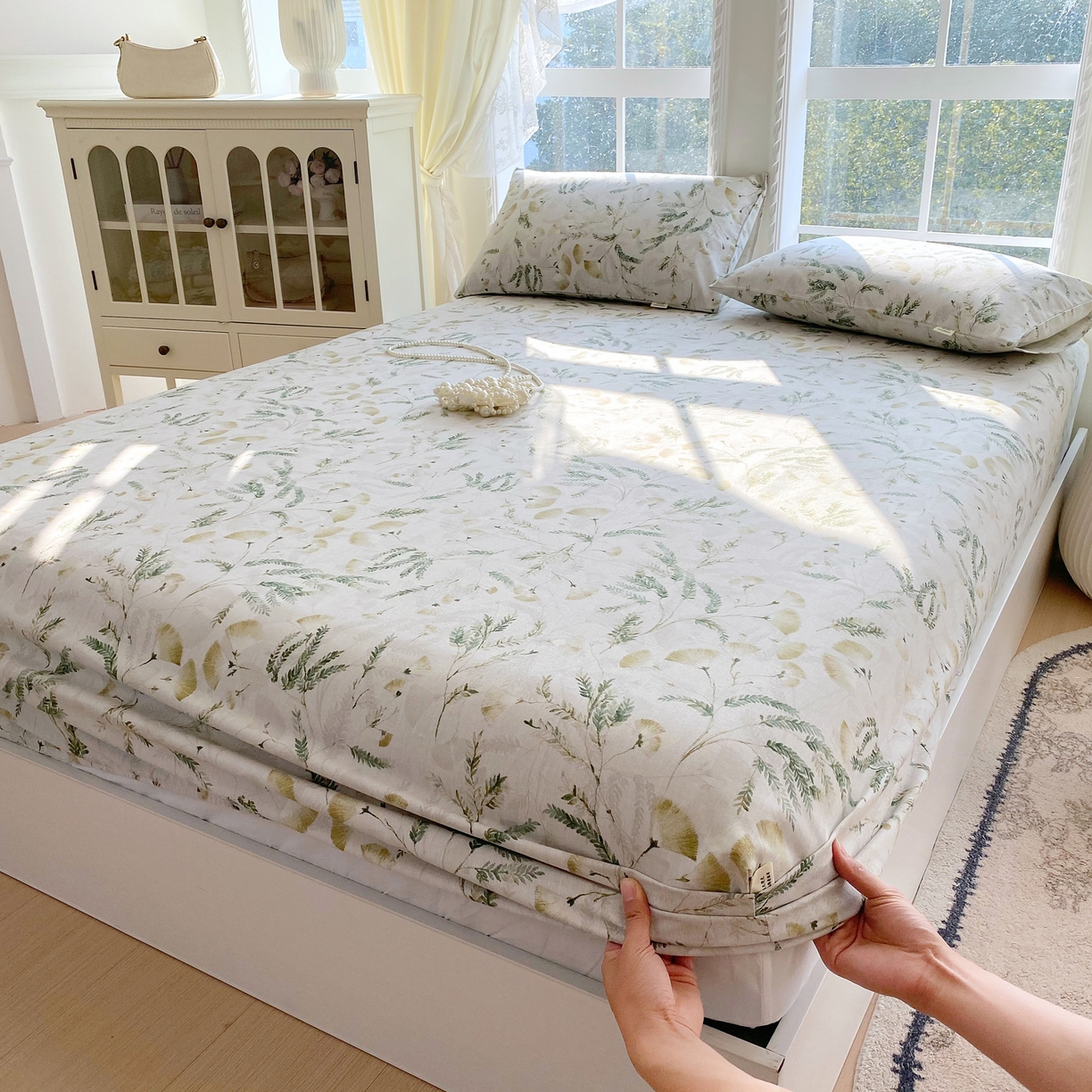 91家纺网 家纺一手货源 找家纺 金鑫汇家纺 2026新款全棉老粗布单品床笠系列 月下花影-绿