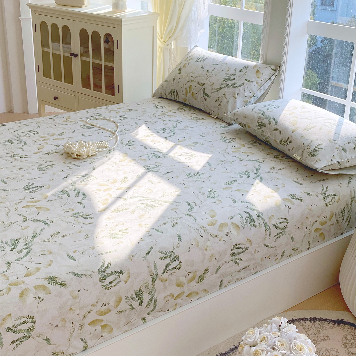 91家纺网 家纺一手货源 找家纺 金鑫汇家纺 2026新款全棉老粗布单品床笠系列 月下花影-绿