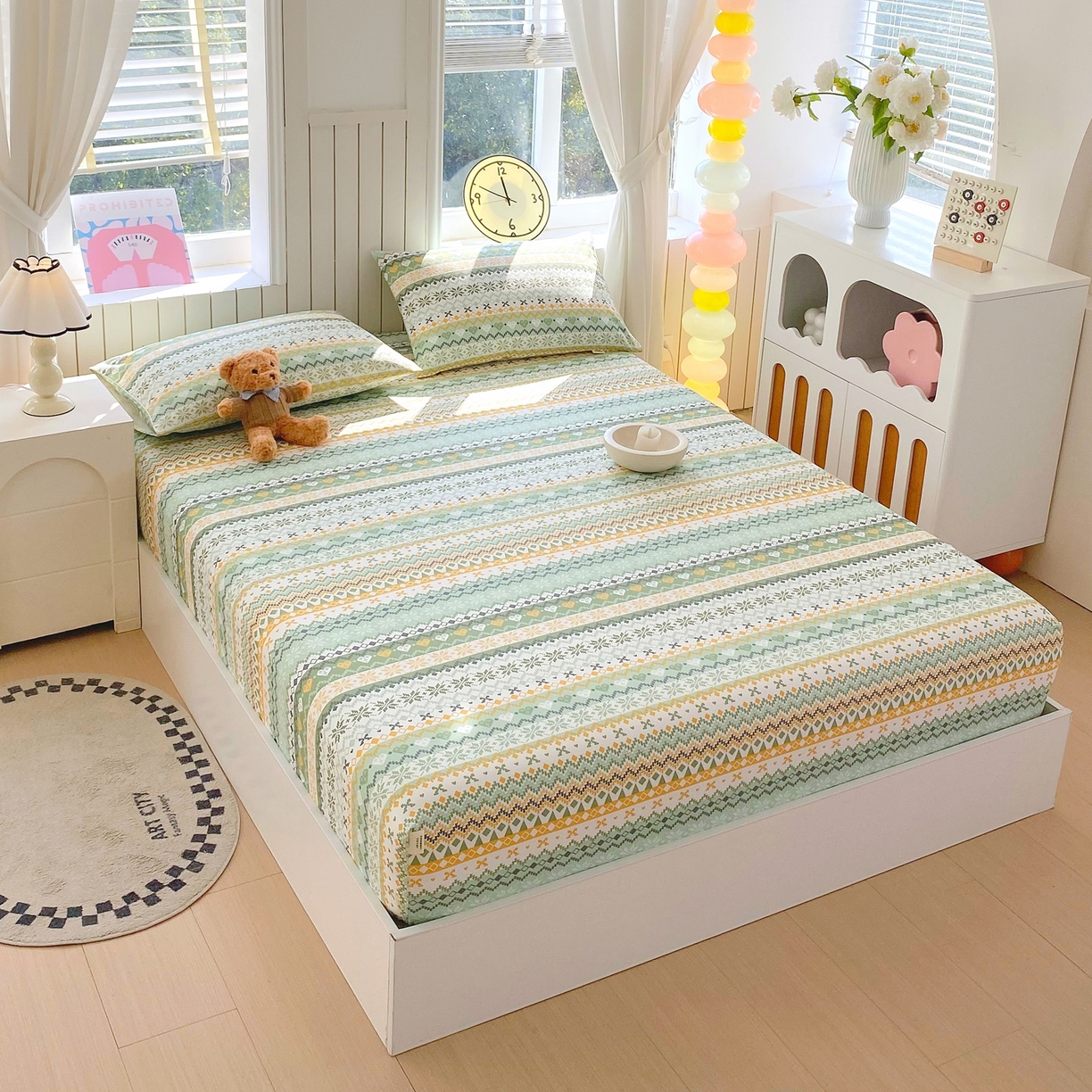 91家纺网 家纺一手货源 找家纺 金鑫汇家纺 2026新款全棉老粗布单品床笠系列 星辰-绿