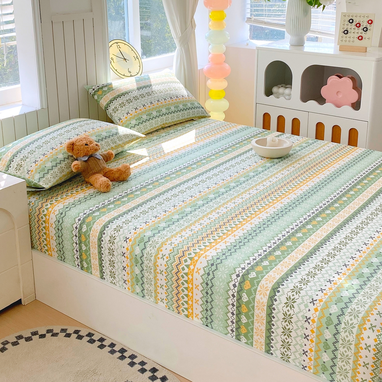 91家纺网 家纺一手货源 找家纺 金鑫汇家纺 2026新款全棉老粗布单品床笠系列 星辰-绿