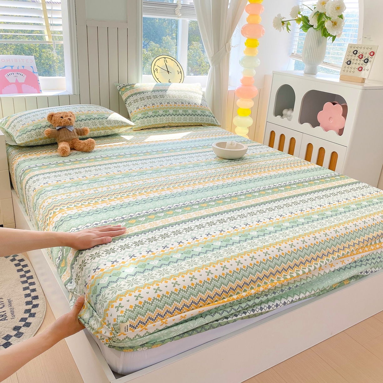 91家纺网 家纺一手货源 找家纺 金鑫汇家纺 2026新款全棉老粗布单品床笠系列 星辰-绿