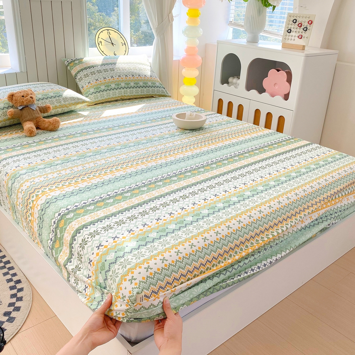 91家纺网 家纺一手货源 找家纺 金鑫汇家纺 2026新款全棉老粗布单品床笠系列 星辰-绿