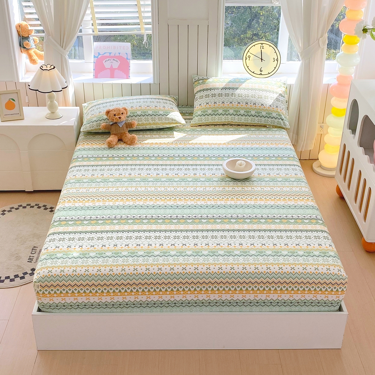 91家纺网 家纺一手货源 找家纺 金鑫汇家纺 2026新款全棉老粗布单品床笠系列 星辰-绿