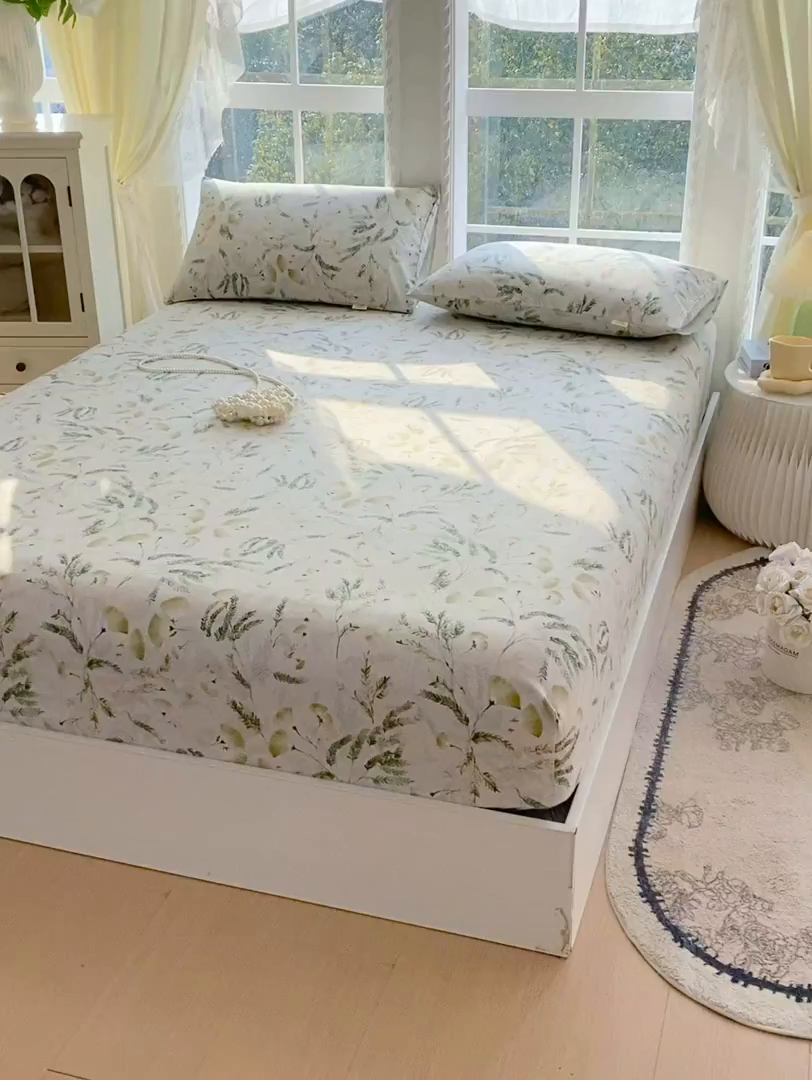 91家纺网 家纺一手货源 找家纺 金鑫汇家纺 2026新款全棉老粗布单品床笠系列 月下花影-绿