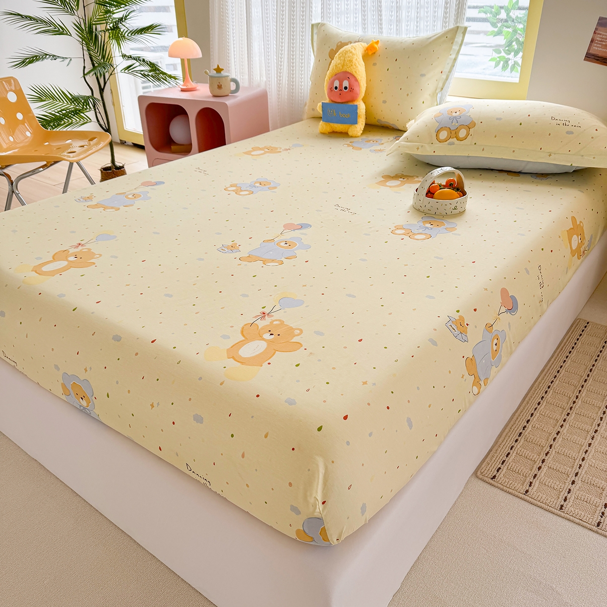 91家纺网 家纺一手货源 找家纺 壹贝家纺 2026新款全棉印花床笠系列 软萌小熊