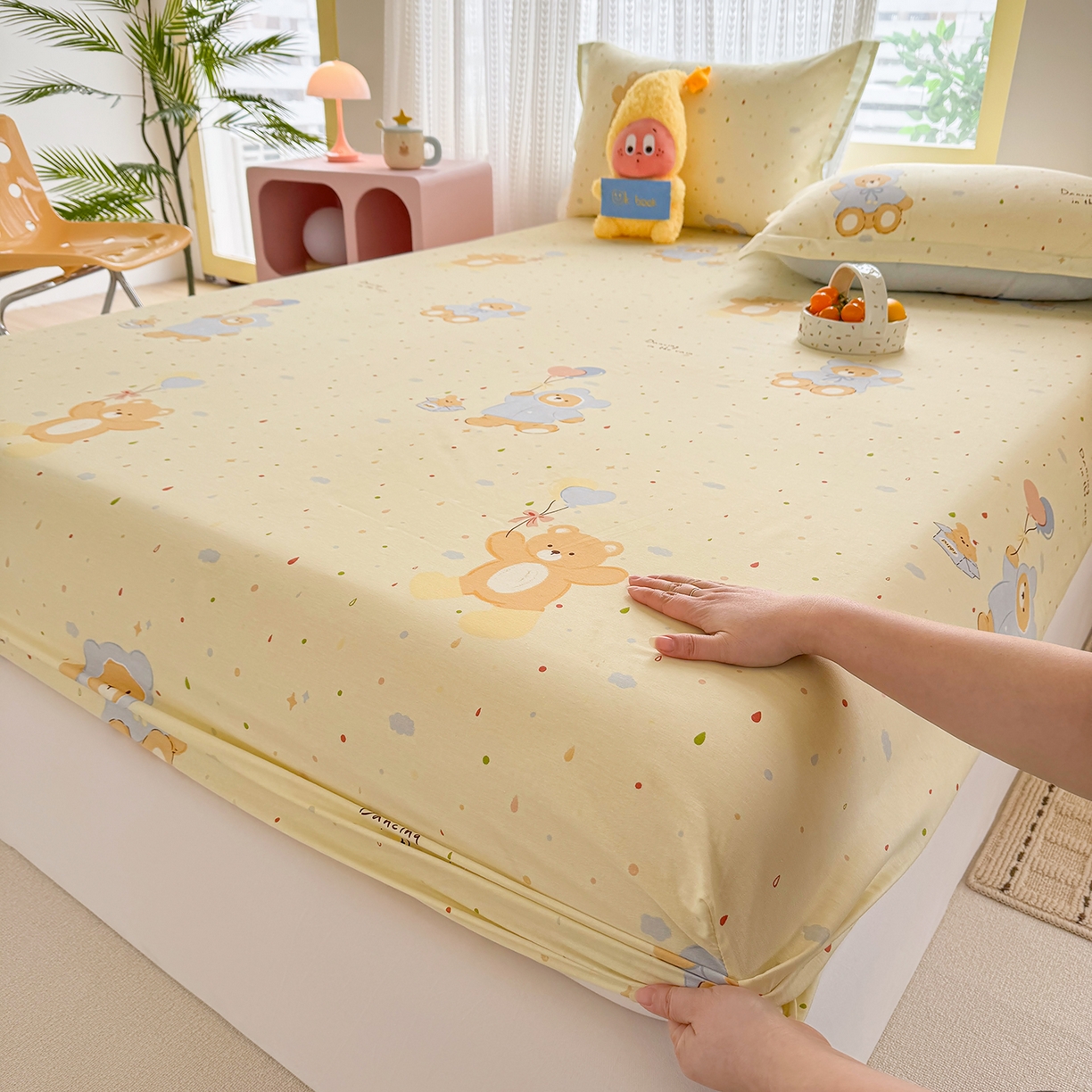 91家纺网 家纺一手货源 找家纺 壹贝家纺 2026新款全棉印花床笠系列 软萌小熊