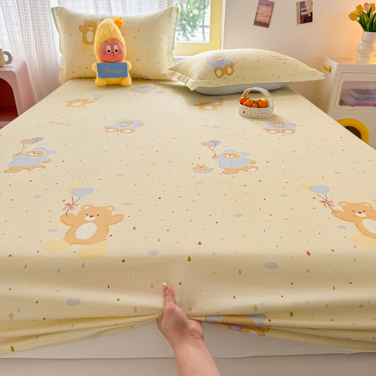 91家纺网 家纺一手货源 找家纺 壹贝家纺 2026新款全棉印花床笠系列 软萌小熊