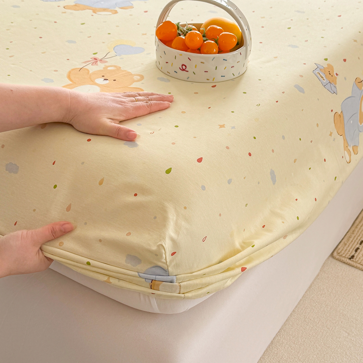 91家纺网 家纺一手货源 找家纺 壹贝家纺 2026新款全棉印花床笠系列 软萌小熊