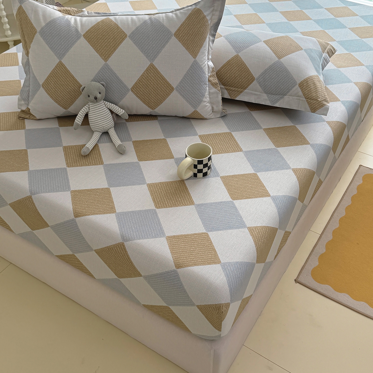 91家纺网 家纺一手货源 找家纺 壹贝家纺 2026新款全棉印花床笠系列 瑞吉斯-黄