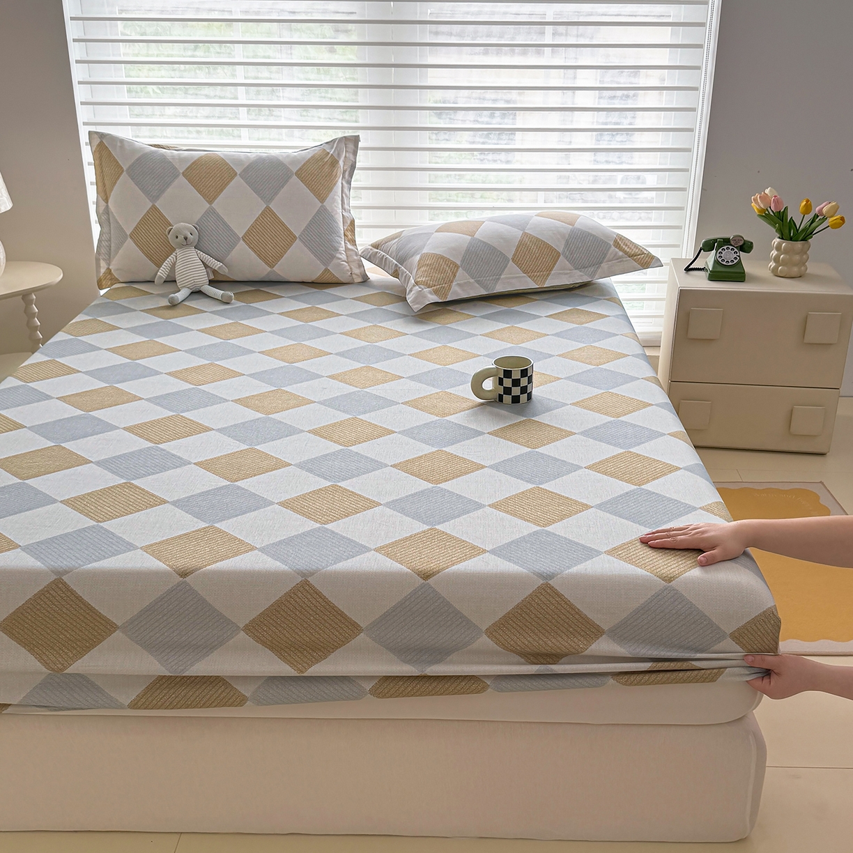 91家纺网 家纺一手货源 找家纺 壹贝家纺 2026新款全棉印花床笠系列 瑞吉斯-黄