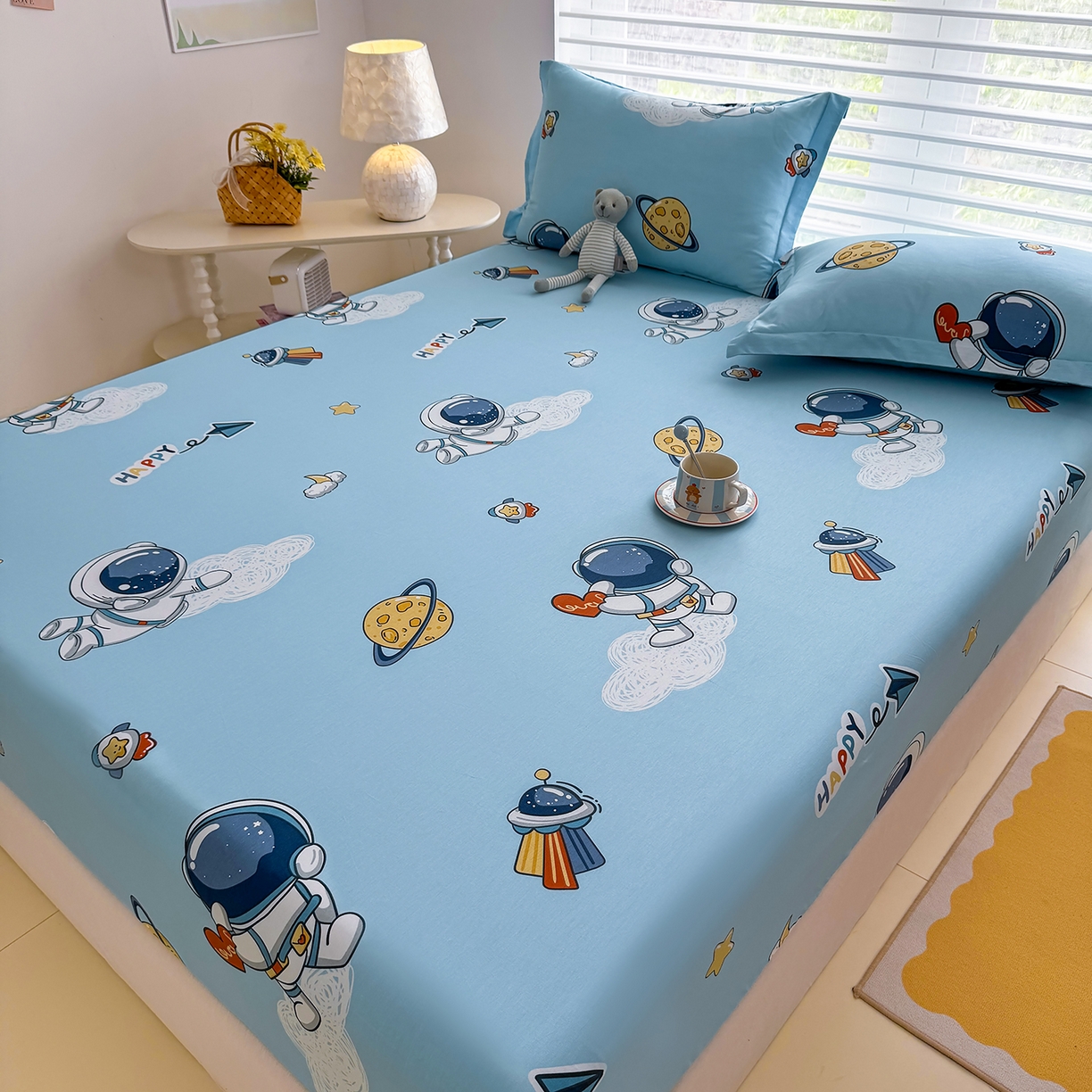 91家纺网 家纺一手货源 找家纺 壹贝家纺 2026新款全棉印花床笠系列 太空奇遇