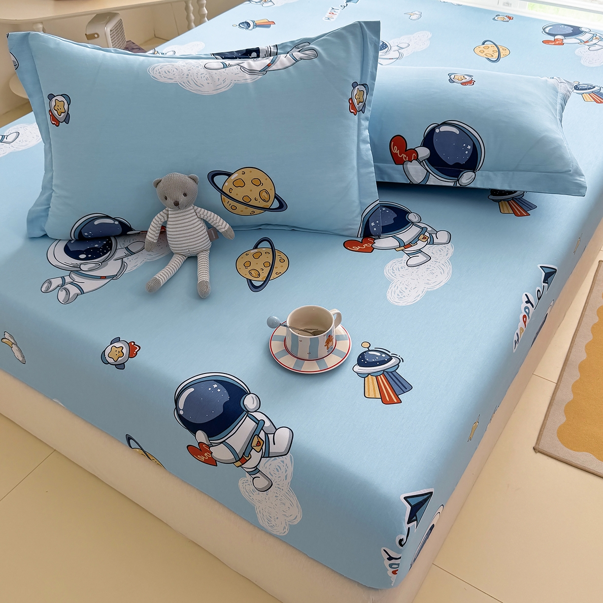 91家纺网 家纺一手货源 找家纺 壹贝家纺 2026新款全棉印花床笠系列 太空奇遇