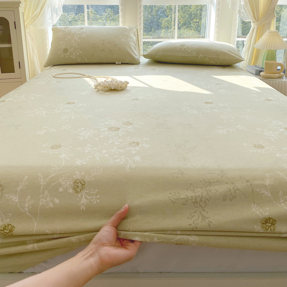 91家纺网 家纺一手货源 找家纺 金鑫汇家纺 2026新款全棉老粗布单品床笠系列 浅绿可露丽