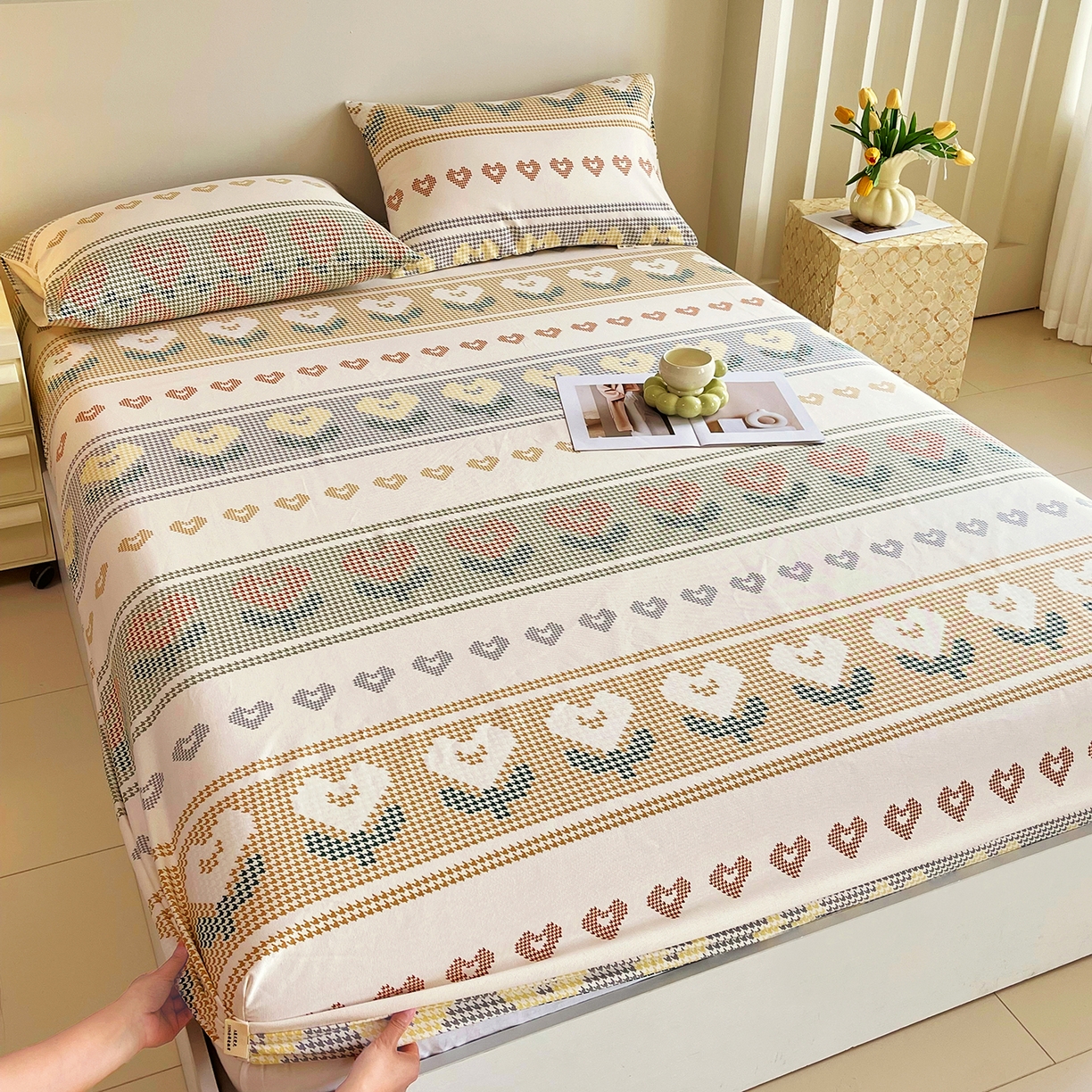 91家纺网 家纺一手货源 找家纺 金鑫汇家纺 2026新款全棉老粗布单品床笠系列 同心千鸟格