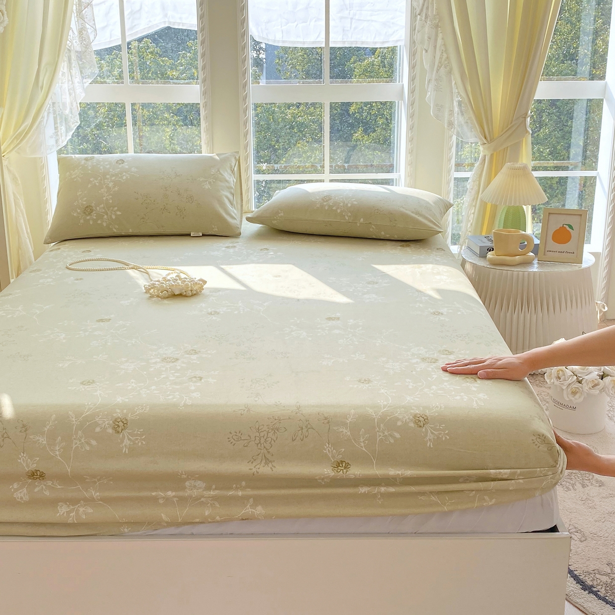 91家纺网 家纺一手货源 找家纺 金鑫汇家纺 2026新款全棉老粗布单品床笠系列 浅绿可露丽