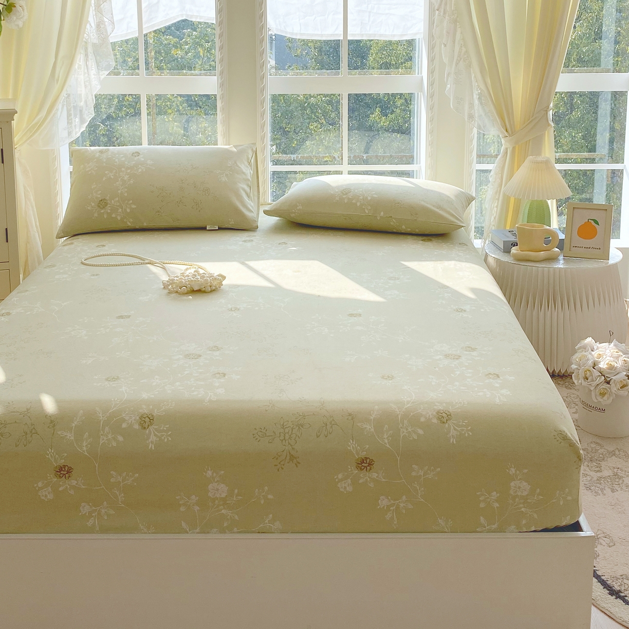 91家纺网 家纺一手货源 找家纺 金鑫汇家纺 2026新款全棉老粗布单品床笠系列 浅绿可露丽