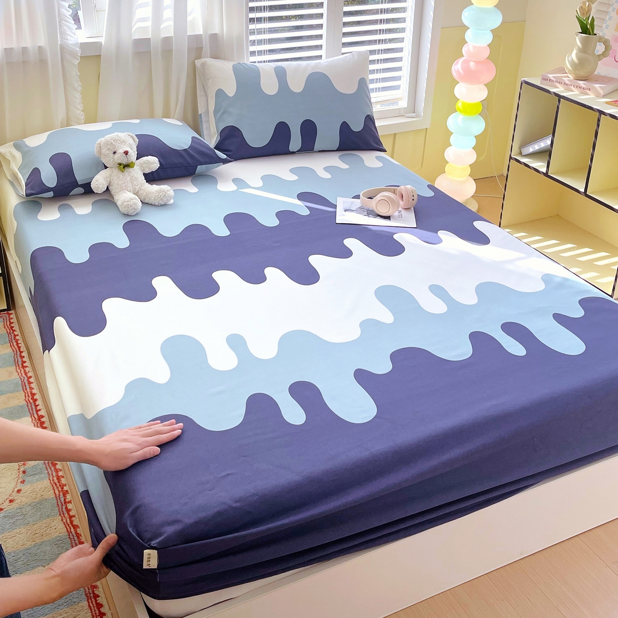 91家纺网 家纺一手货源 找家纺 金鑫汇家纺 2026新款全棉老粗布单品床笠系列 奶油蓝