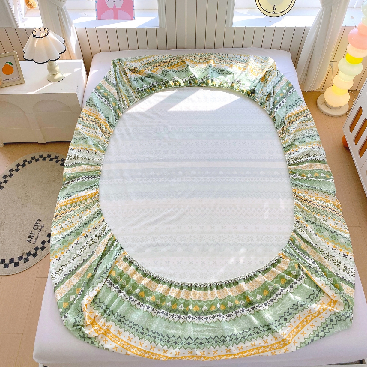 91家纺网 家纺一手货源 找家纺 金鑫汇家纺 2026新款全棉老粗布单品床笠系列 星辰-绿