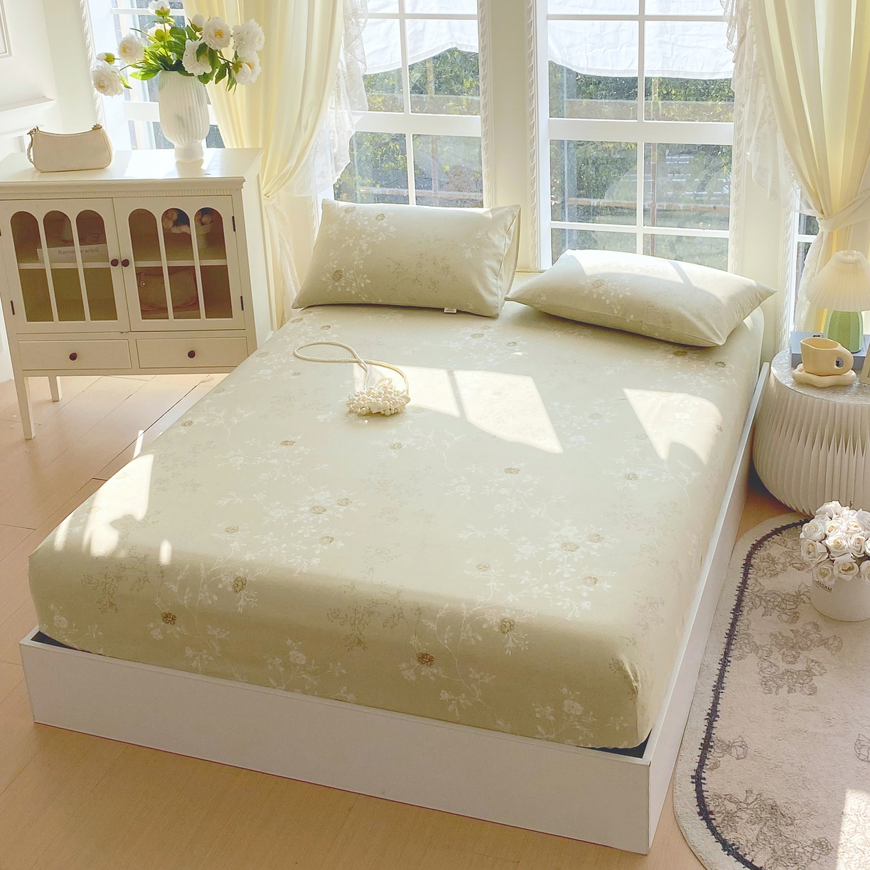 91家纺网 家纺一手货源 找家纺 金鑫汇家纺 2026新款全棉老粗布单品床笠系列 浅绿可露丽