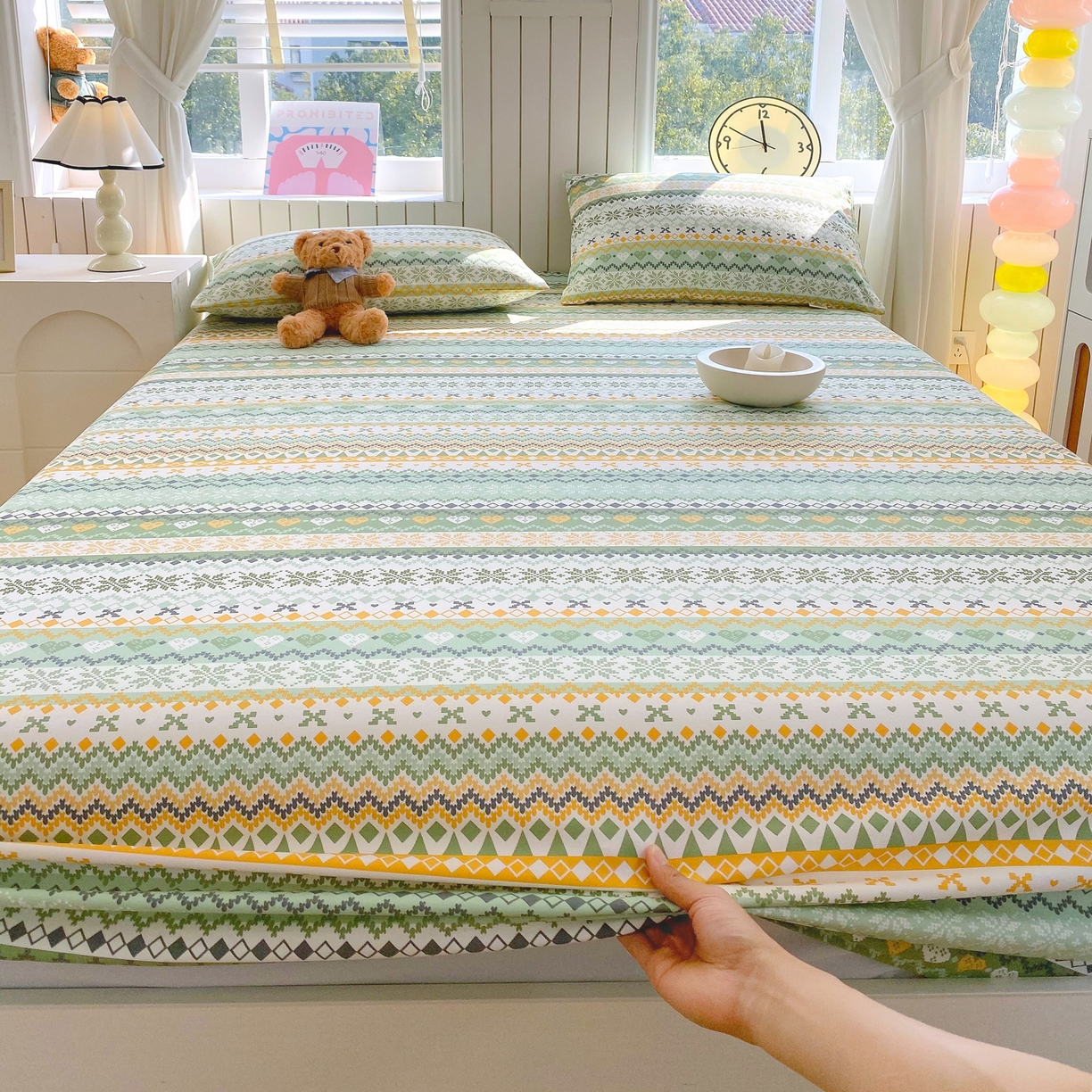 91家纺网 家纺一手货源 找家纺 金鑫汇家纺 2026新款全棉老粗布单品床笠系列 星辰-绿