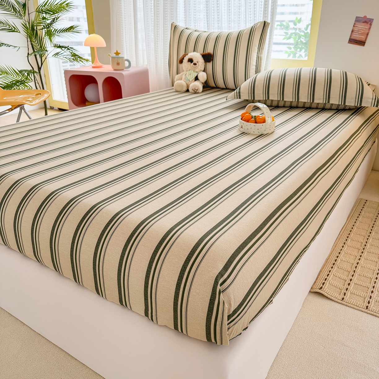 91家纺网 家纺一手货源 找家纺 壹贝家纺 2026新款全棉印花床笠系列 条纹