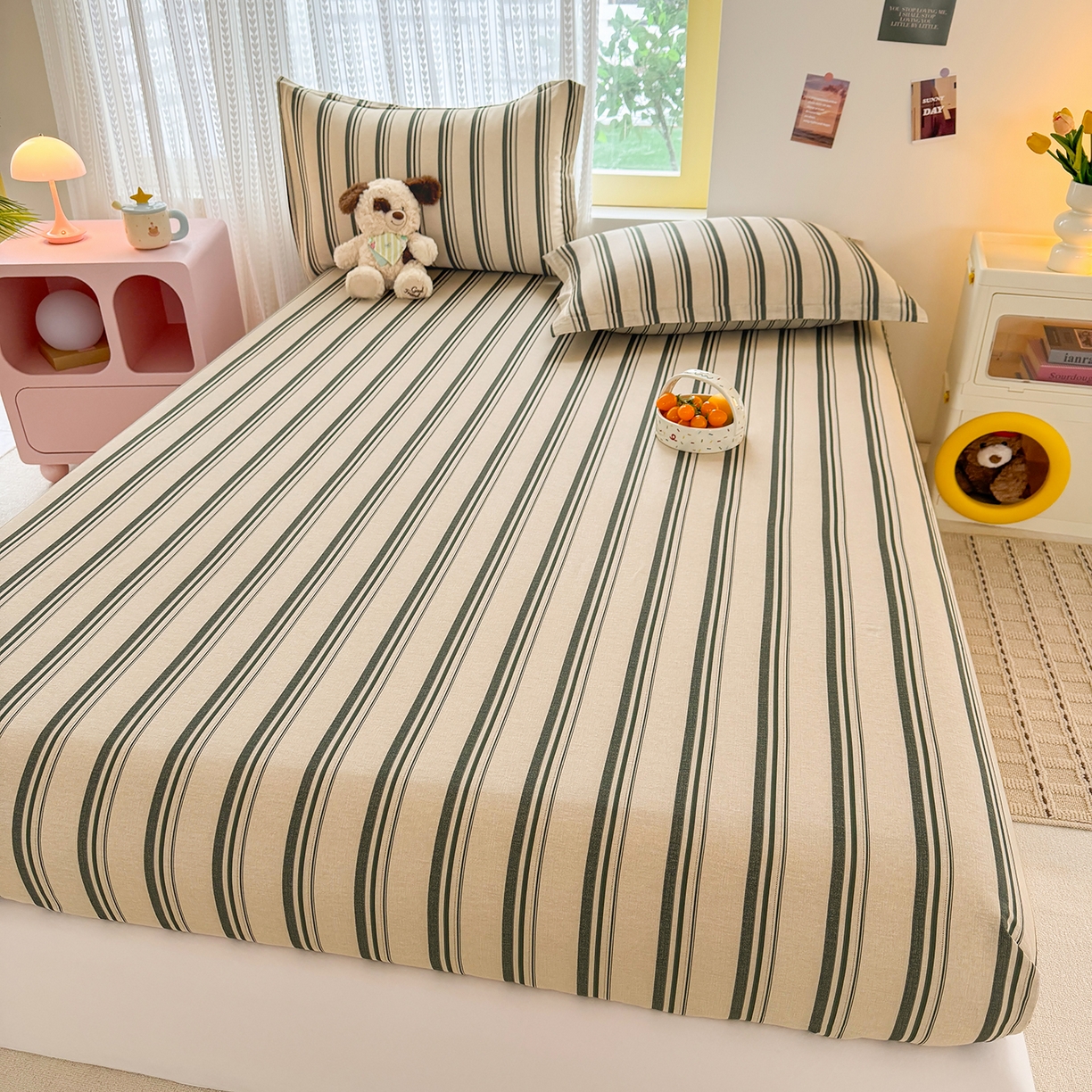 91家纺网 家纺一手货源 找家纺 壹贝家纺 2026新款全棉印花床笠系列 条纹