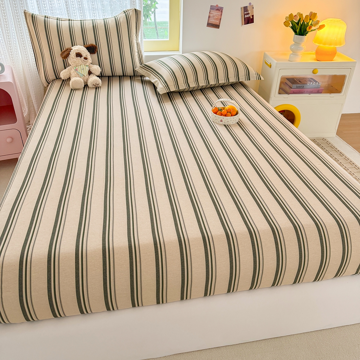 91家纺网 家纺一手货源 找家纺 壹贝家纺 2026新款全棉印花床笠系列 条纹