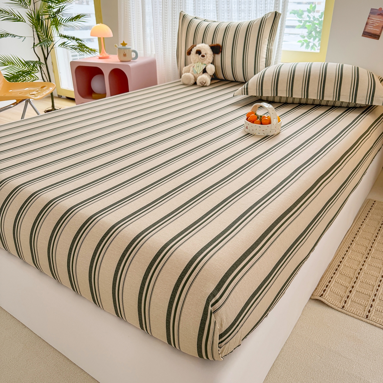 91家纺网 家纺一手货源 找家纺 壹贝家纺 2026新款全棉印花床笠系列 条纹