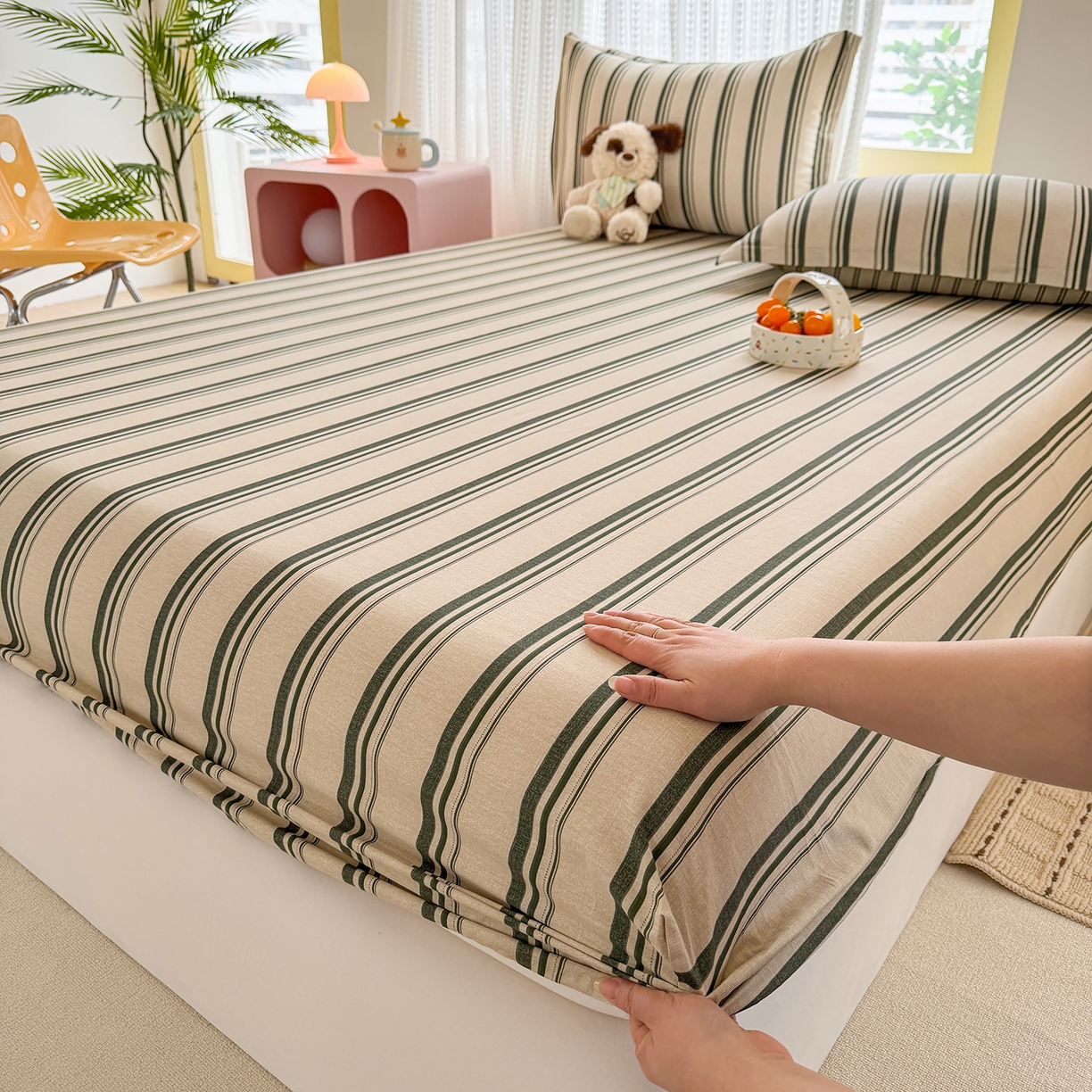 91家纺网 家纺一手货源 找家纺 壹贝家纺 2026新款全棉印花床笠系列 条纹