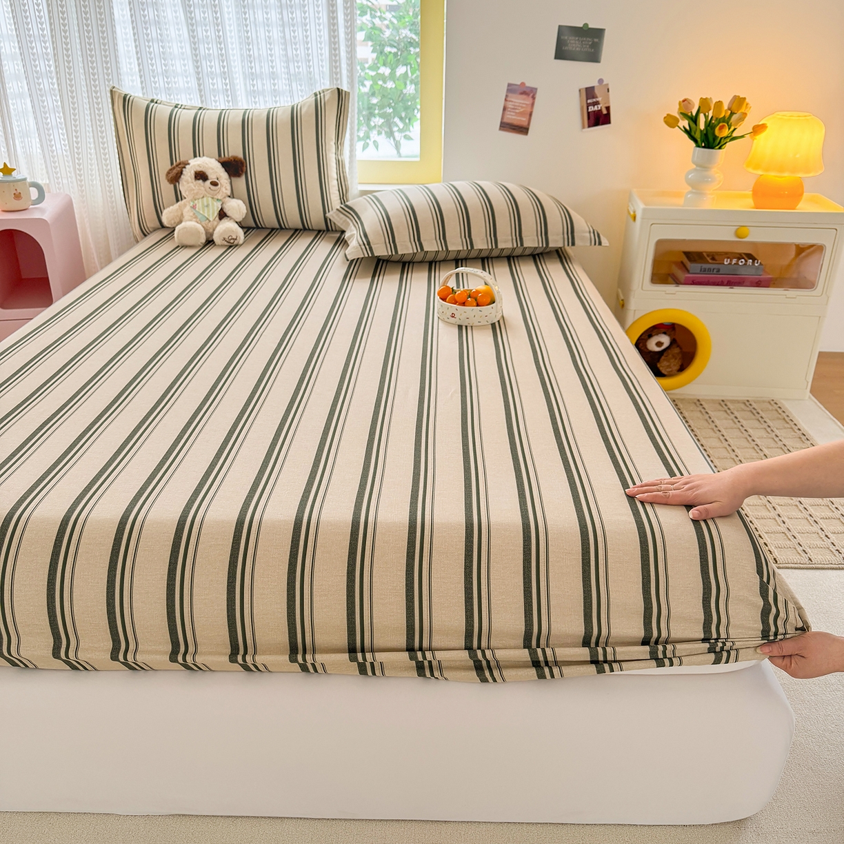 91家纺网 家纺一手货源 找家纺 壹贝家纺 2026新款全棉印花床笠系列 条纹